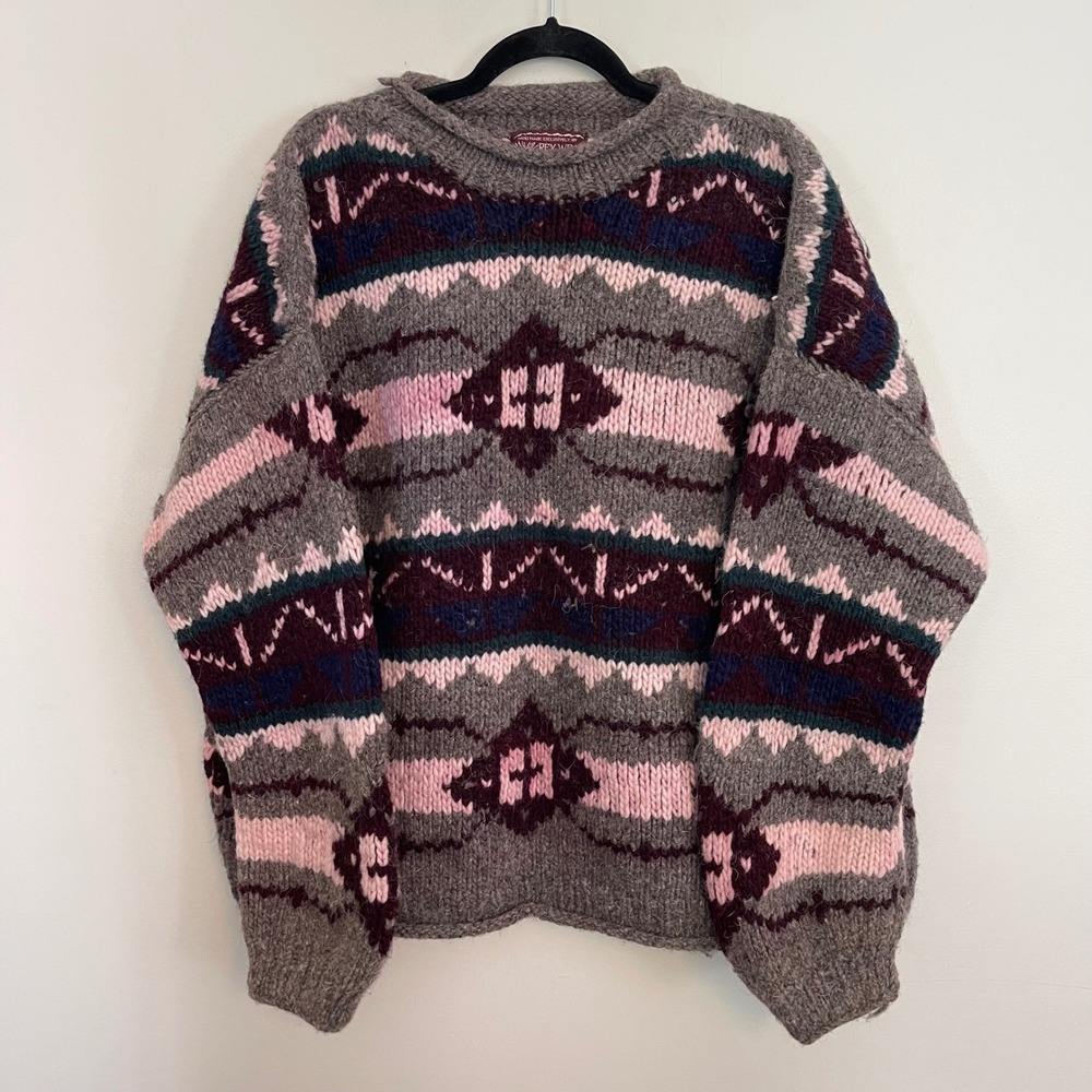 Rey Wear Handmade Ecuador 100% Wool Sweater Grey Pink Geometric Chunky Knit XL